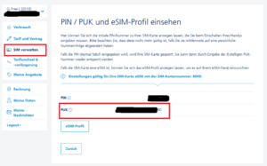 eSIM PIN und PUK (O2)