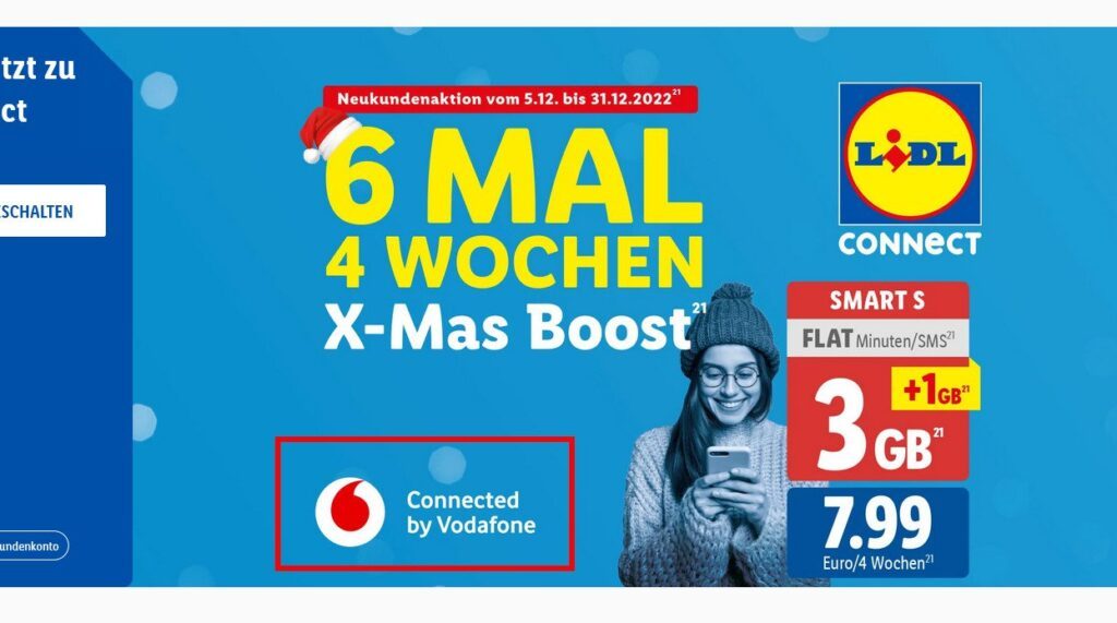 LIDL Connect Netz Hinweise direkt auf der Startseite