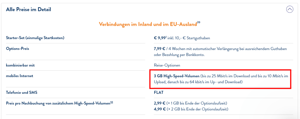 ALDI Geschwindigkeit in den Tarifdetails