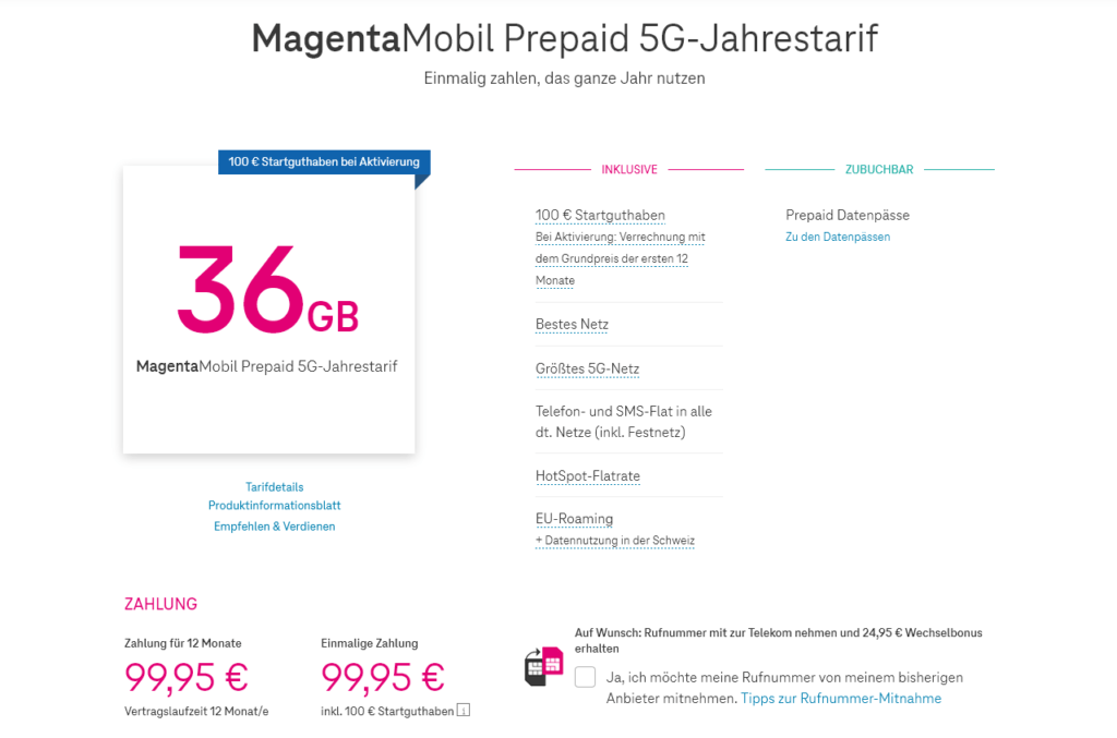 Jahrespaket für die Prepaid Karte der Telekom